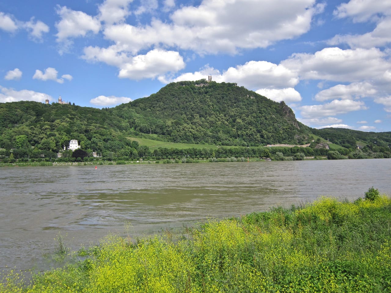 Rheintal bei Königswinter: Blick über den Rhein auf den Drachenfels mit der Burgruine, links Schloss Drachenburg